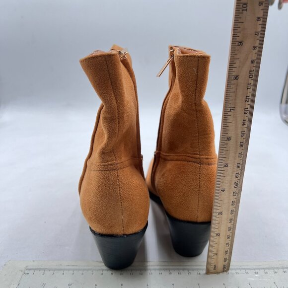 Brown Suede Pointed Toe Chunky Heel Side Zipper Ankle Boot Comfy Winter Bootie - Picture 4 of 7